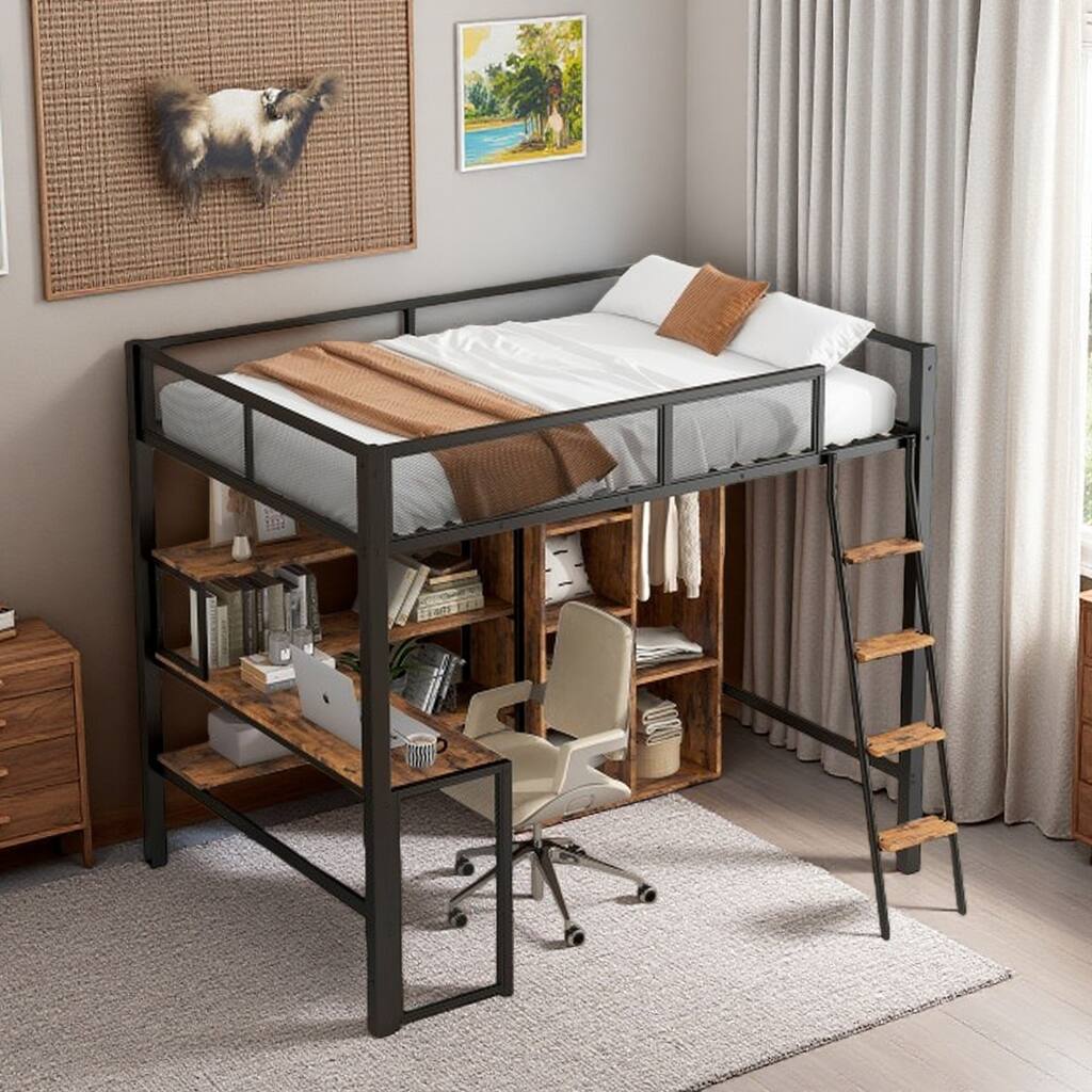 Full Size Metal Loft Bed with Built-In Desk, Wardrobe, Shelves, and Full-Length Guardrails, Black