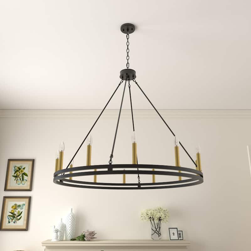 Acroma 12-light Farmhouse Black Wagon Wheel Chandelier - Muted Brass & Matte Black