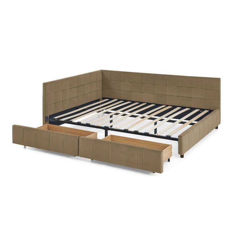 L-shaped Velvet Upholstered Daybed Tufted Sofa Bed with Soft Backrest Armrests - and Optional Corner Storage Day Bed