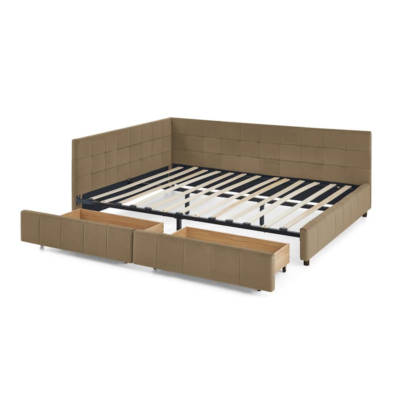 Queen Size Bed Upholstered Tufted Bed Frame Storage Sofa Bed Frame with L-shape Guardrail Velvet Platform Bed for Living Room
