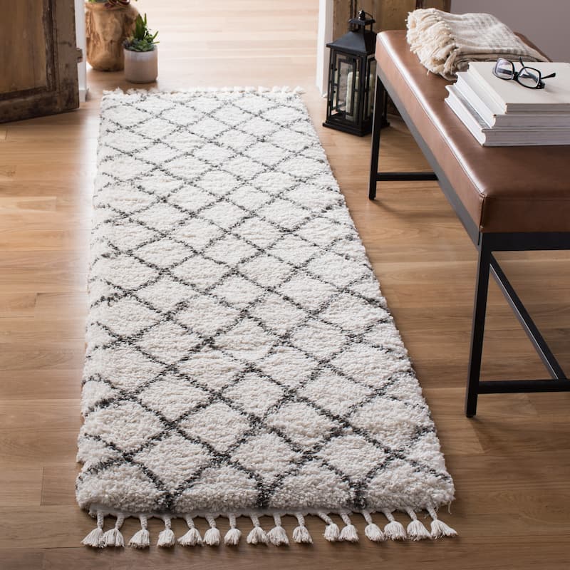SAFAVIEH Moroccan Fringe Shag Leoma 2-inch Thick Rug - 2'2" x 8' Runner - Ivory/Grey