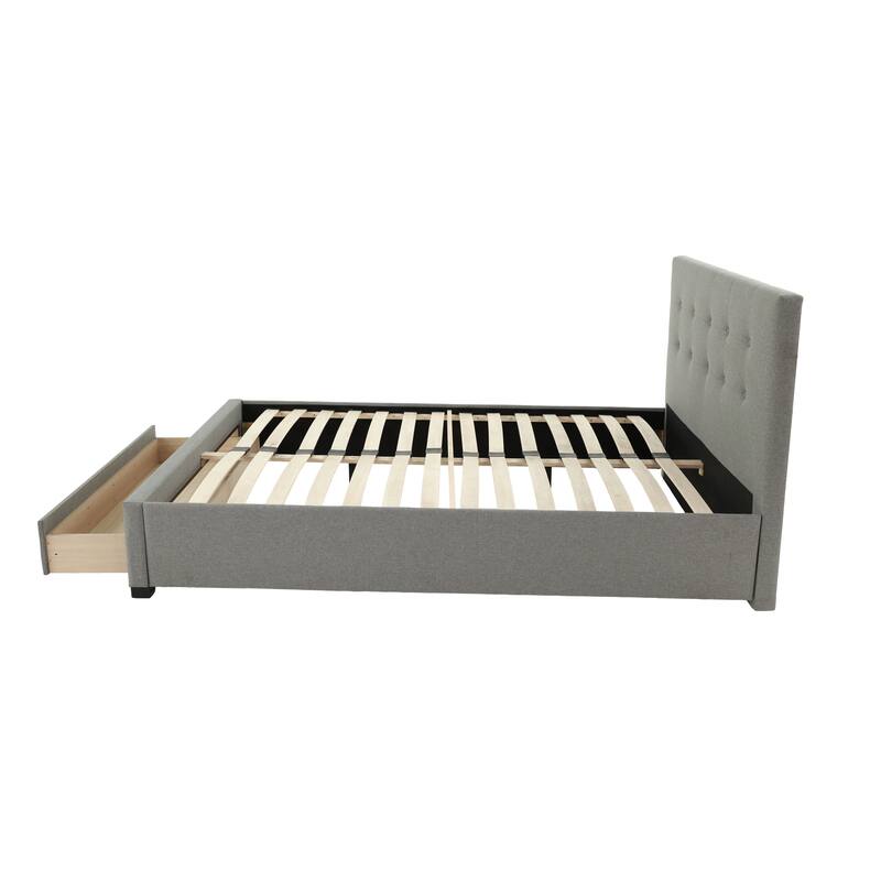 Full Size Modern Bed with Tufted Headboard and Storage Drawer, Grey Polyfiber Finish