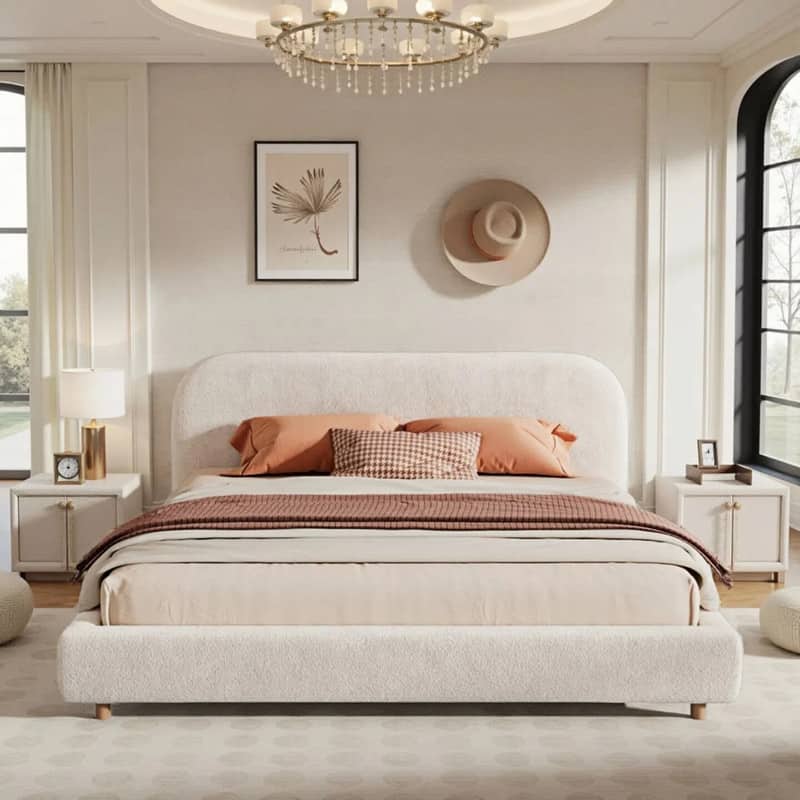 Upholstered Platform Bed with Curved Shaped Headboard , Wood Bed Frame with Solid Round Legs