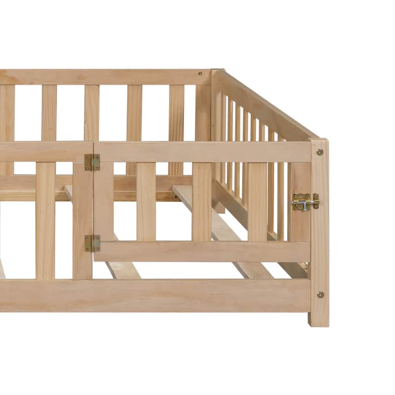 Natural Full Size Floor Platform Bed with Fence and Door for Kids