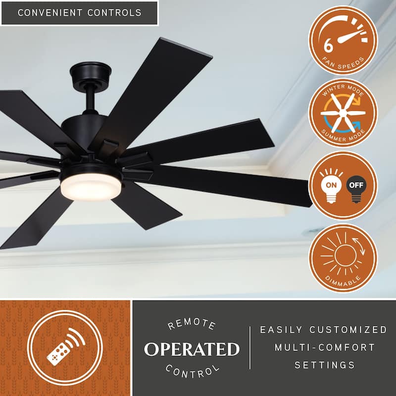 Crawford 60 in. Ceiling Fan with Reversible Blades, Dimmable LED Light Kit, Remote Control, 6 Speeds, Energy Efficient DC Motor