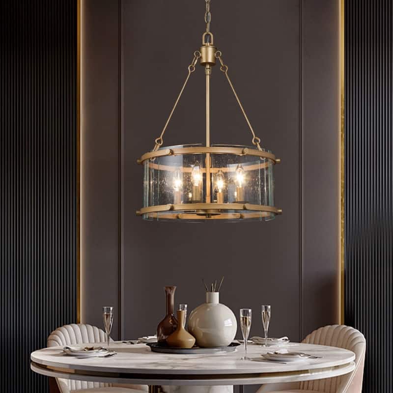 Mid-century Modern 4-light Drum Chandelier Seeded Glass Shade Foyer Pendant for Dining Room - D16.9'' x H82''