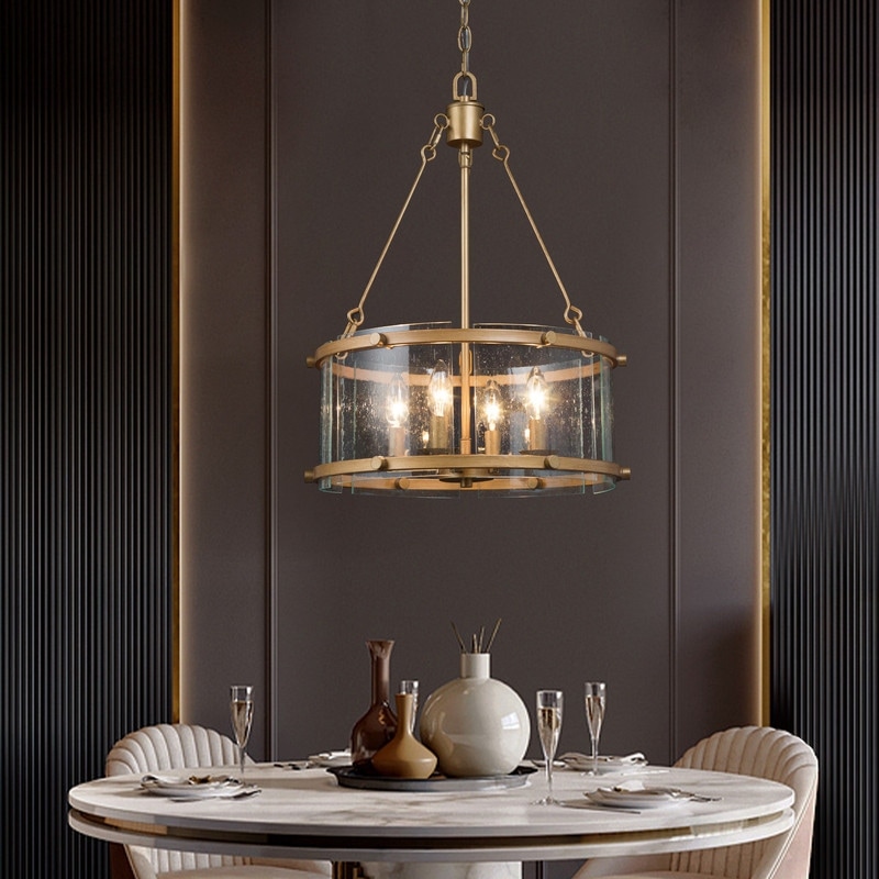 LALUZ Mid-century Modern 4-light Drum Chandelier Seeded Glass Shade Foyer Pendant for Dining Room - D16.9'' x H82''