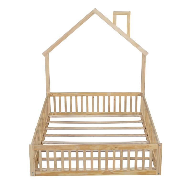 Natural Wood Full Size House Platform Bed with Safety Guardrail for Kids