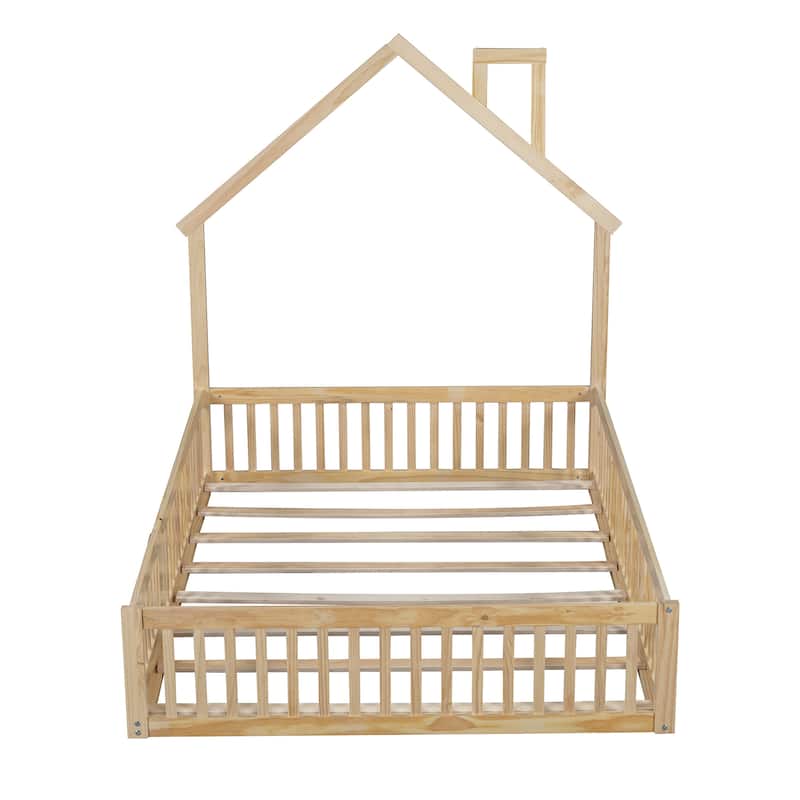 Wood Full Size House Platform Bed with 12'' Guardrails and Fence Design, Safe for Kids, No Box Spring Needed