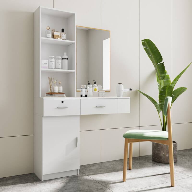 Roomfitters Modern Vanity Table with Storage Shelves, Multi-Layer Makeup Desk with Drawers and Cabinet