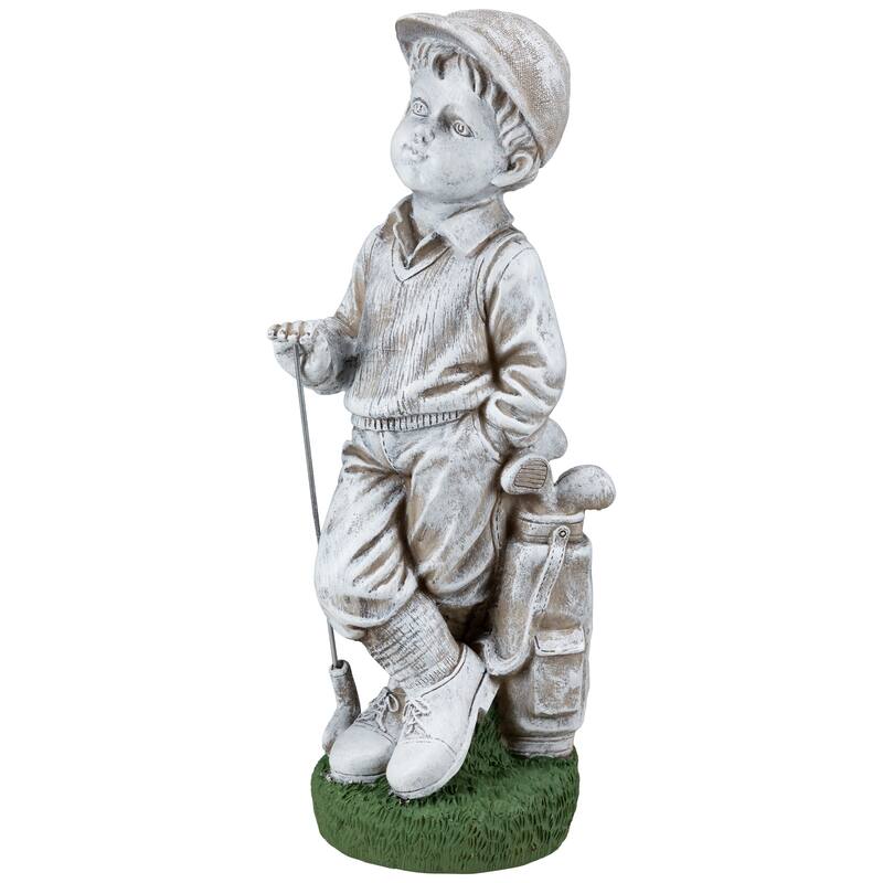 Golfer Boy with Clubs Outdoor Garden Statue - 17"