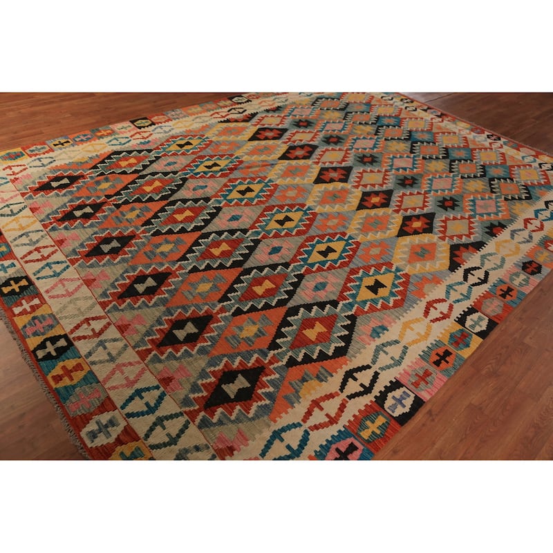 All-Over Trellis Kilim Oriental Area Rug Flatweave Wool Carpet - 8'5"x 12'3"