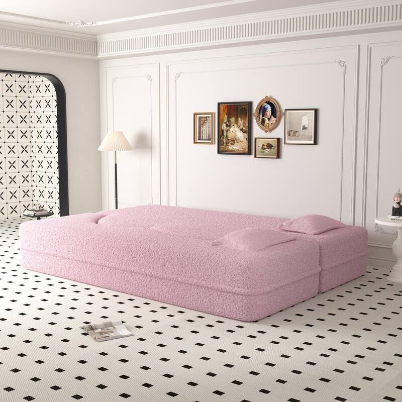 Modern Convertible Floor Sofa,15" Size,Teddy,2 Pillows,No Assembly