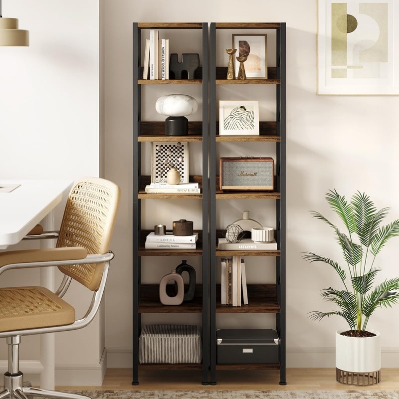 6-Tier Slim Bookshelf Tall Rustic Metal Frame Bookcase Narrow Corner Shelf