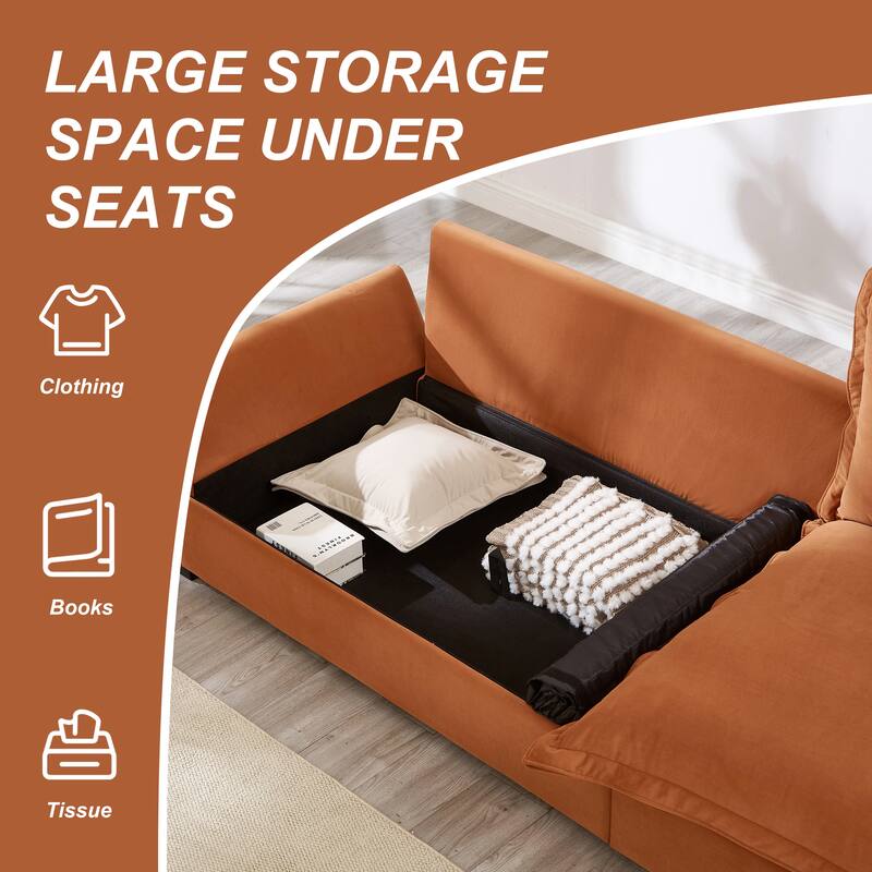 Modular Spacious Deep Seating Velvet Sofa with Storage, Removable Cushion Covers, Pillow Top Arms, Solid Wood Frame and Pillows