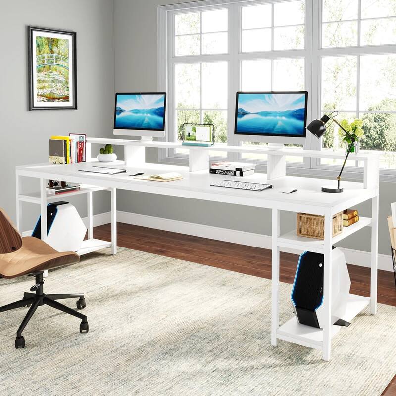 Two Person Desk Long Computer Desk with Monitor Stand and Storage Shelves