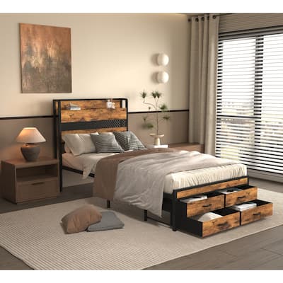 Twin Size Storage Bed with LED Lights And Charging Station 4 Drawers, 60,000+ RGB Colors, USB Ports