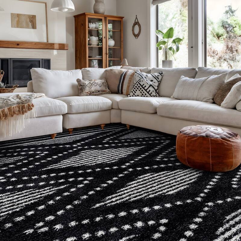 Geometric Shag Area Rug - Durable for Living Room, Bedroom - Polyester with Jute Backing - Anthracite Dark Gray and White