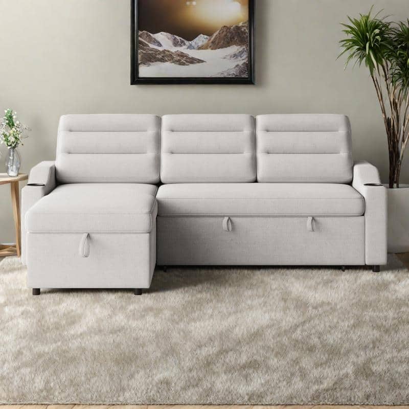 83.5" Fabric Convertible 3-Seater Sleeper Sofa with Pull-Out Bed, Recliner, Storage Pocket, and Cup Holder - LIGHT GREY