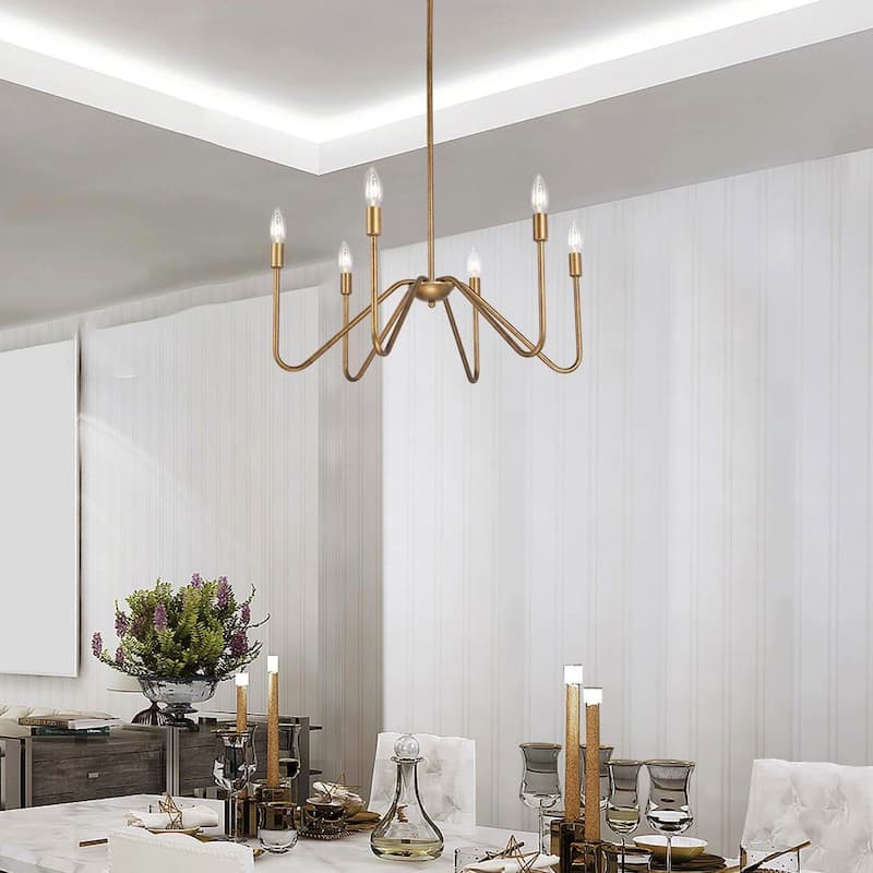 Modern Rustic 6-light Antique Gold French Candle Chandelier Wagon Wheel Fixture for Dining Room - L 24.8" x W 24.8"x H 9.8"