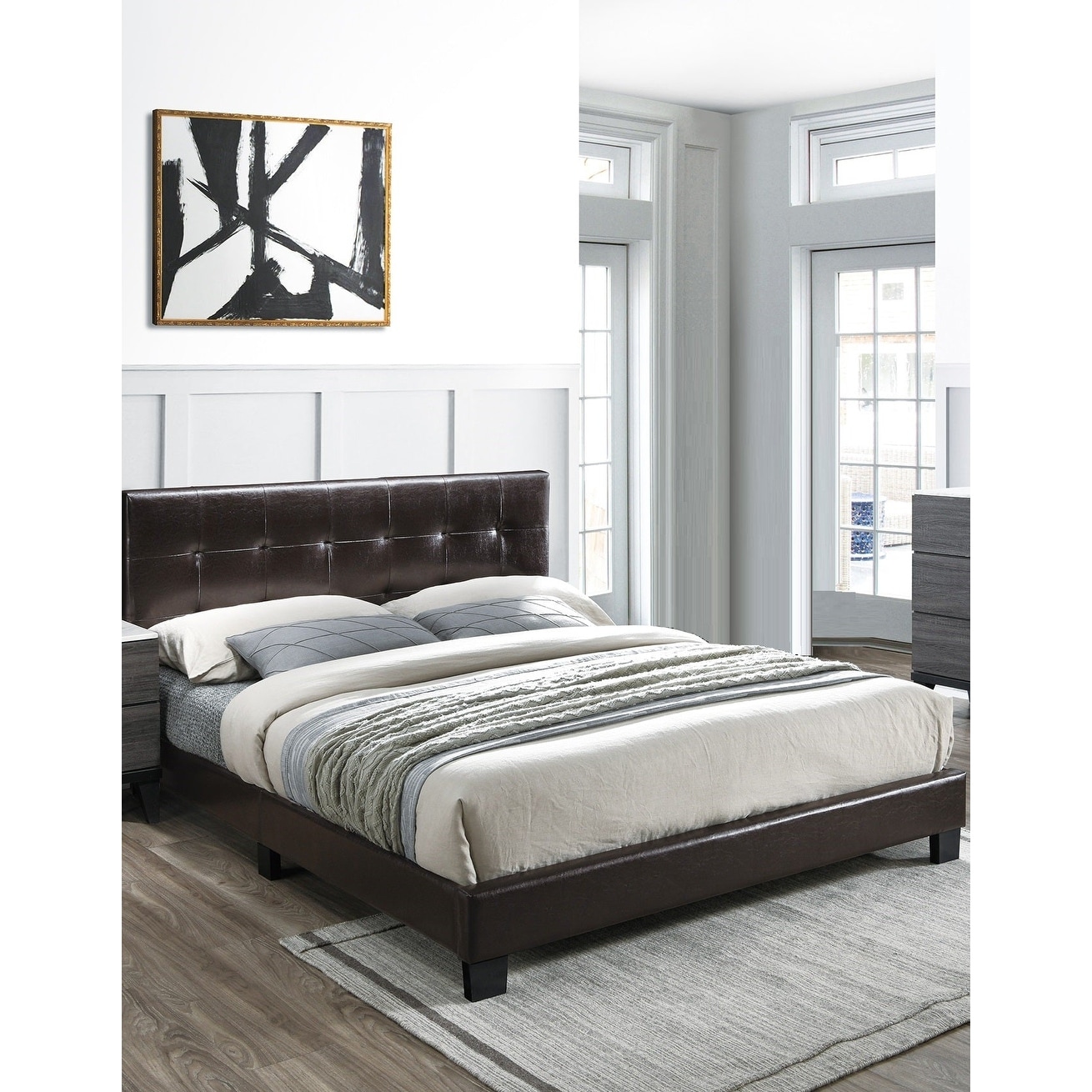 Transitional Style 1pc Bed Set Biscuit Tufted Headboard Brown Finish