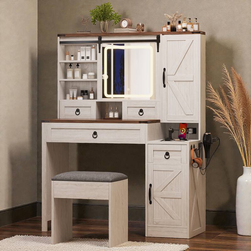Farmhouse Vanity Desk with Sliding LED Mirror and Lights, Glass Top Vanity Set with Charging Station - White