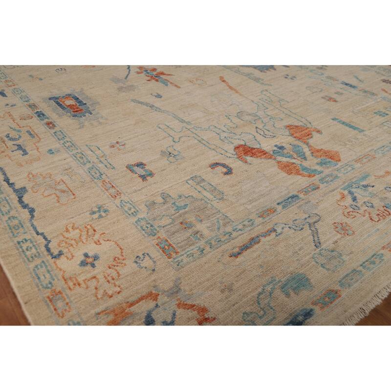 Hand Knotted Oriental 100% Wool Carpet Transitional All-Over Beige & Ivories Oushak Area Rug - 9' 0'' X 5' 11''