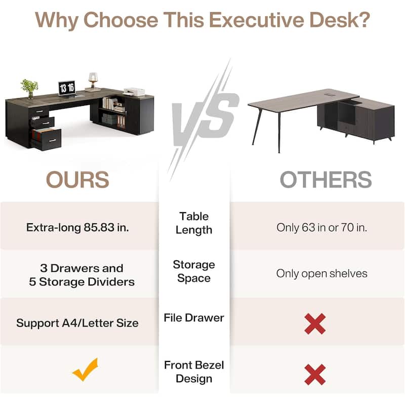 85.8" L-Shaped Executive Desk, Extra Large Office Desk with Drawers