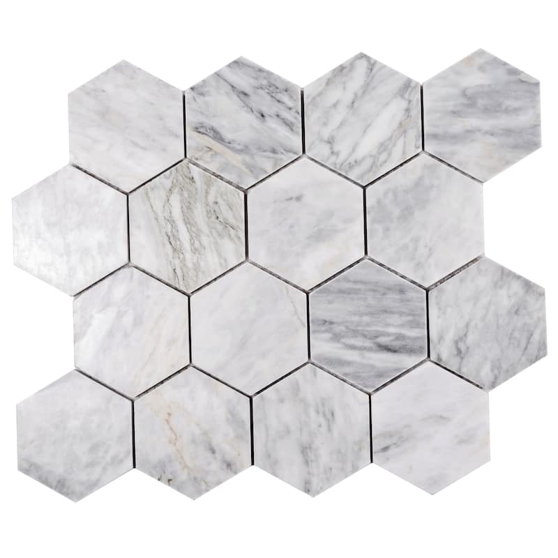 Toscana 12x10 in. Light Gray Polished Calacatta Bluette Hexagon Mosaic Wall and Floor Tile (4.38 sq ft/case, 5-Pack)