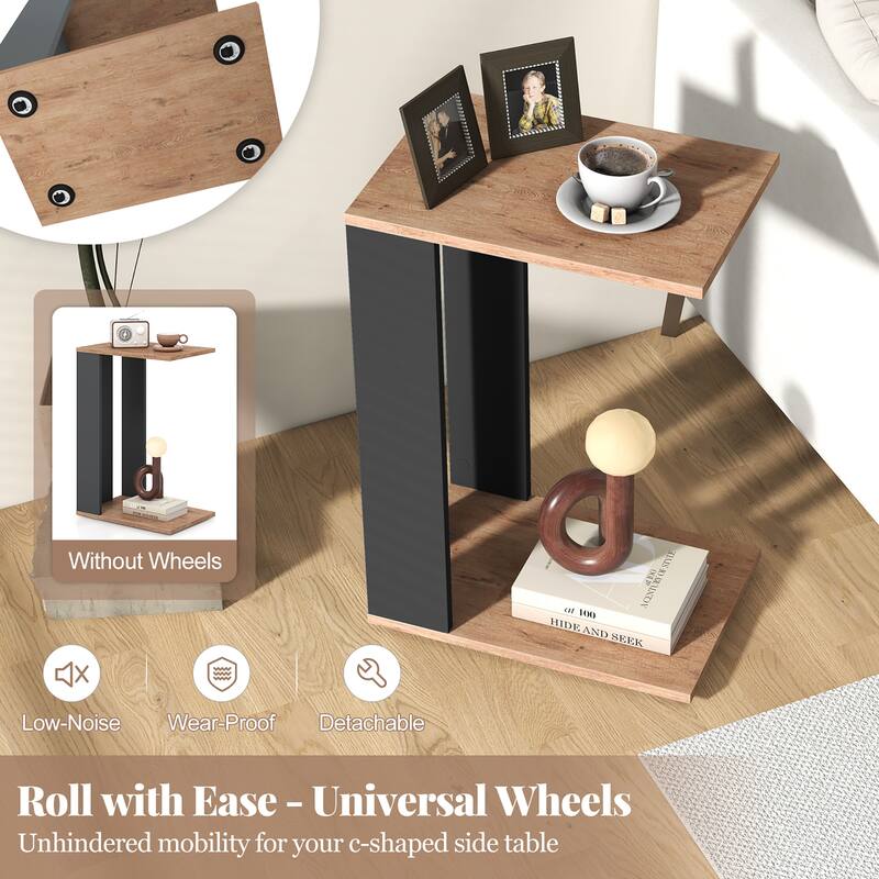 Gymax 2PCS 2-Tier C Shaped Side Table w/ Universal Wheels & Shelf for