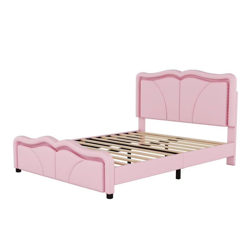 Roomfitters Twin/Full Size Upholstered Platform Bed with LED Light Headboard and Footboard, Wave Shaped Padded Frame, Pink