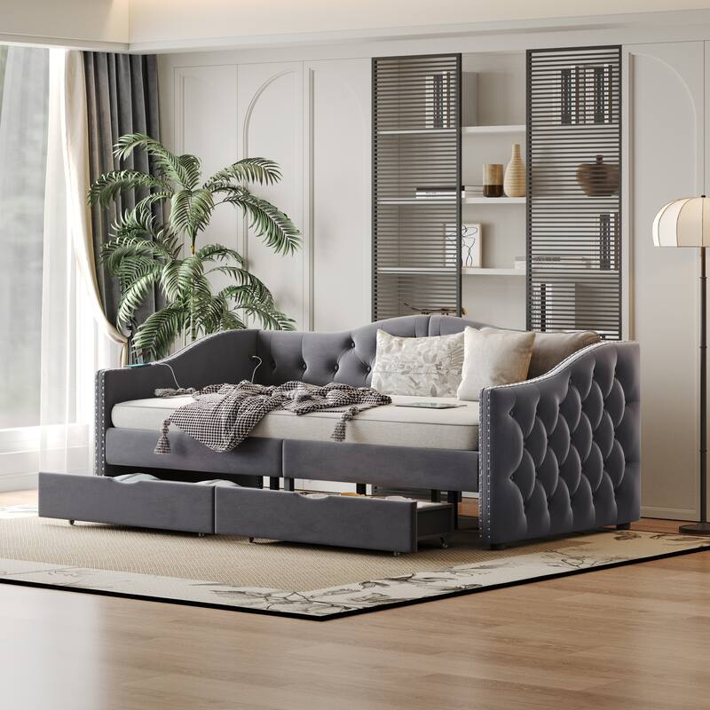 Full/Twin Upholstered Daybed with 2 Storage Drawers & USB Charging, Velvet Sofa Bed for Living Room & Bedroom - Grey - Full
