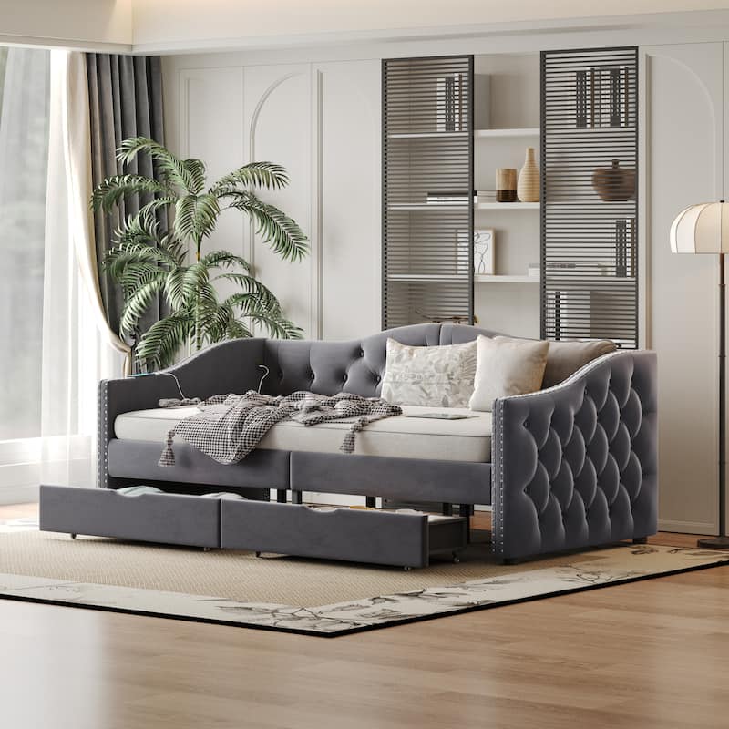 Upholstered Twin Daybed with Storage Drawers, No Box Spring Needed, Grey