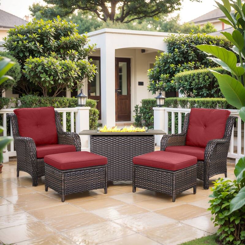 Fire Pit Table with Patio Chairs Ottomans Brown-Red - Brown - Brown - Red