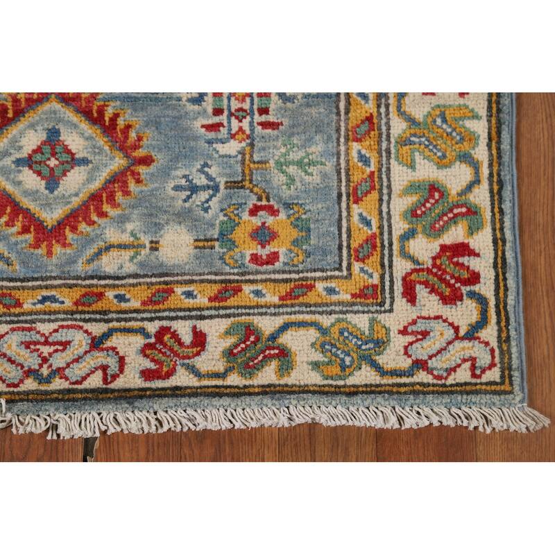 Light Blue Geometric Kazak Runner Rug Hand-Knotted Wool Carpet - 2'8" x 9'6"