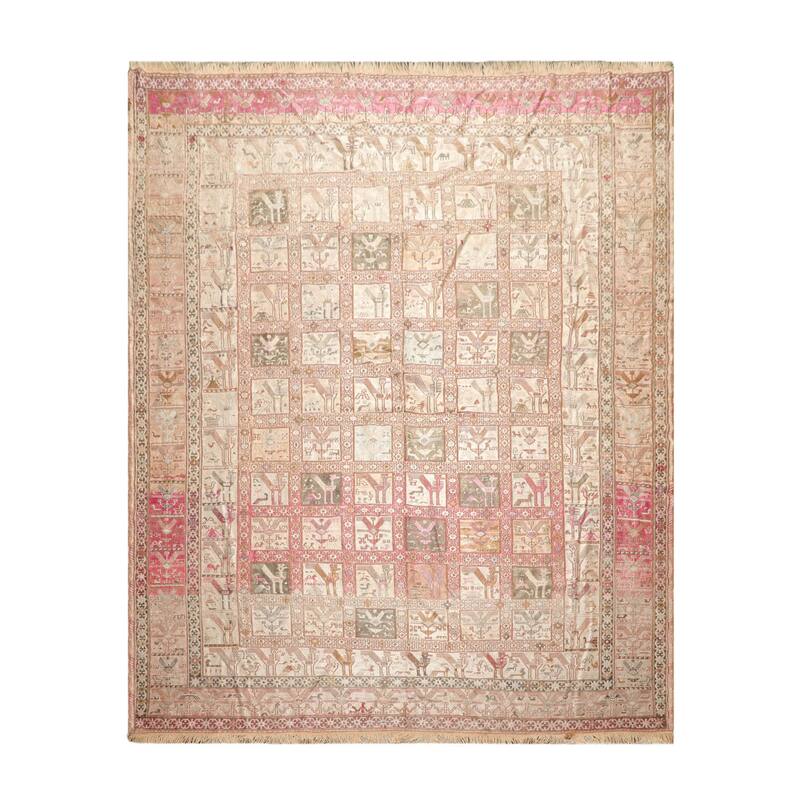 Hand Knotted Beige Authentic Pictorial Soumak Persian Silk Traditional Oriental Area Rug - 6' 8'' x 8' 6''