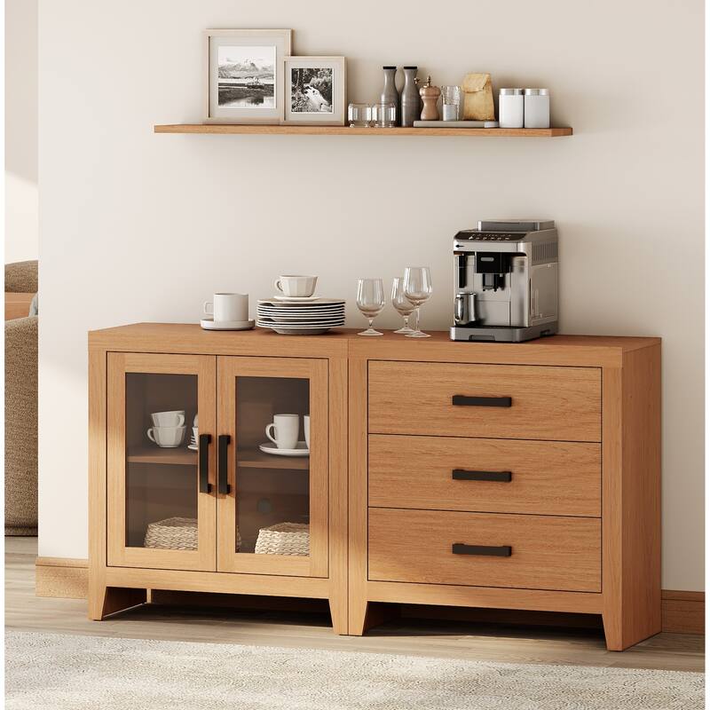 WAMPAT Farmhouse Buffet Cabinet, 2-Piece Sideboard with Glass Door & Storage Drawers for Kitchen - Mocha