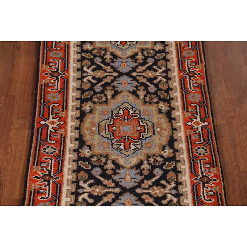 Dark Navy Blue Heriz Serapi Indian Runner Rug Hand-Knotted Wool Carpet - 2'6" x 9'11"
