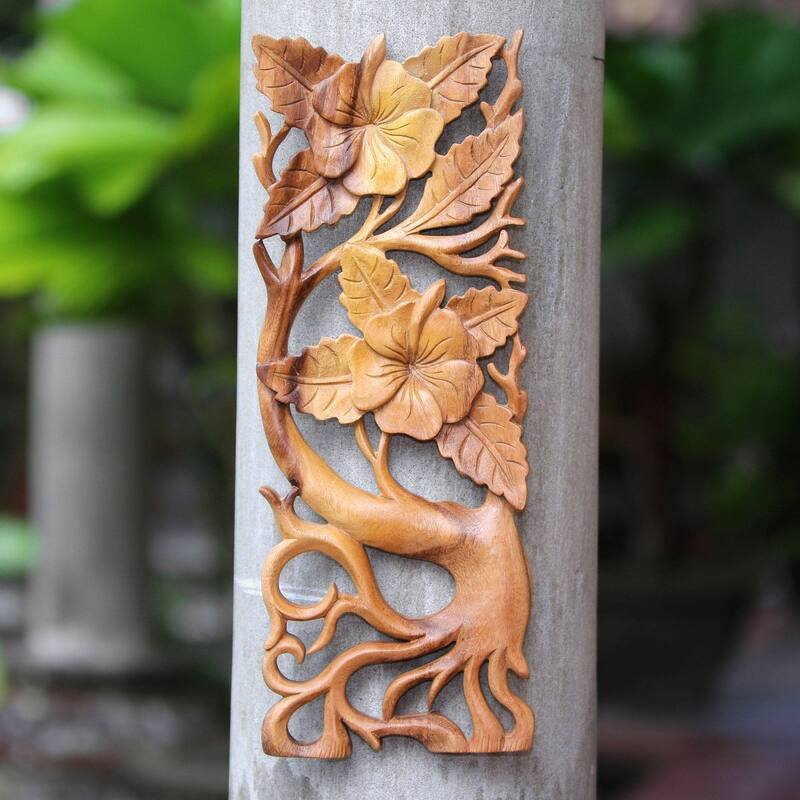NOVICA Handmade Hibiscus Branch Wood relief panel (Indonesia) - 15.75" H x 6" W x 0.8" D