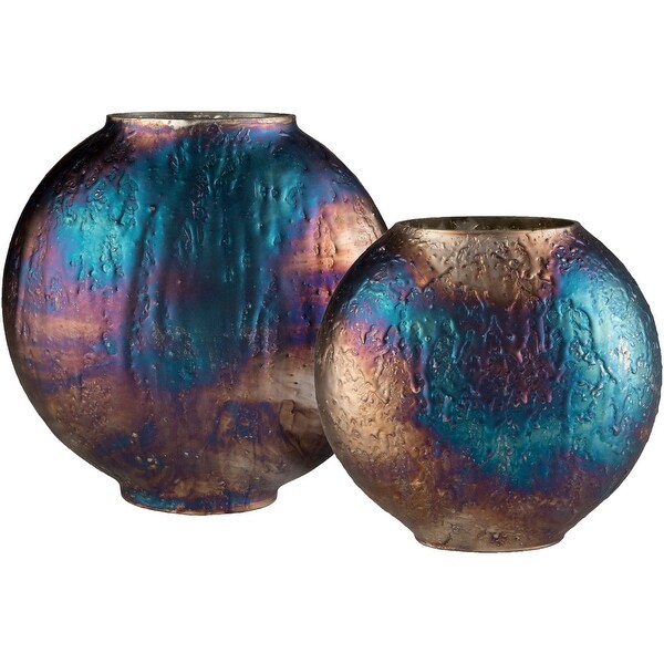 Set of 2 Bronze Colored and Blue Round Glass Decorative Accents 12.6" - N/A