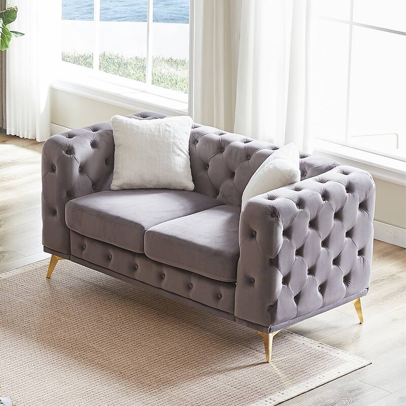 Velvet Chesterfield Loveseat Sofa, Tufted Button Upholstered 2 Seater Sofa, Lounge Sofa Chair with 2 Pillows & Metal Legs