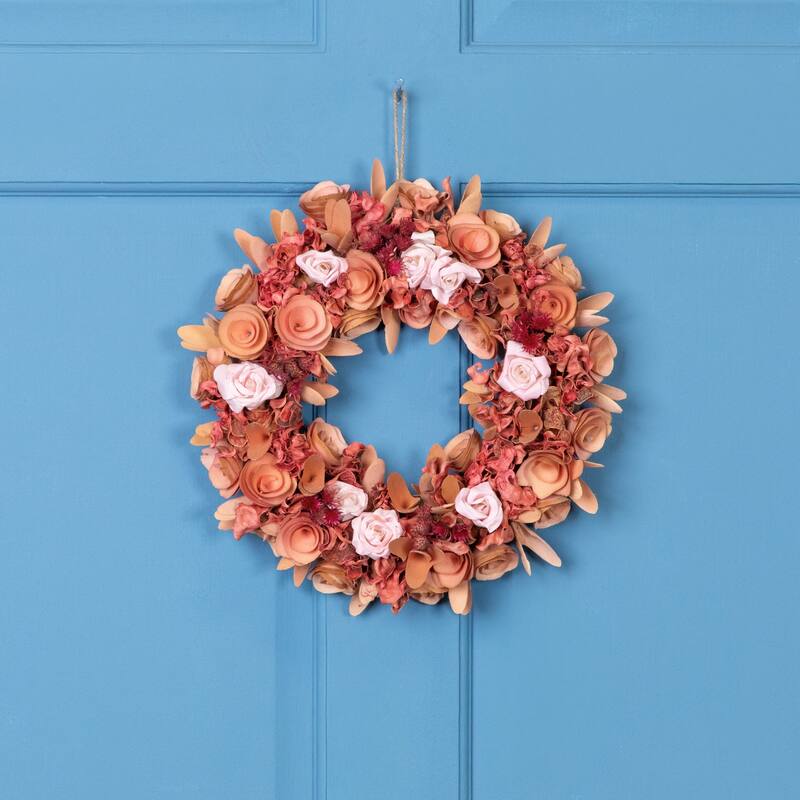 Roses and Wooden Flowers Artificial Spring Wreath - 12" - Unlit - Pink