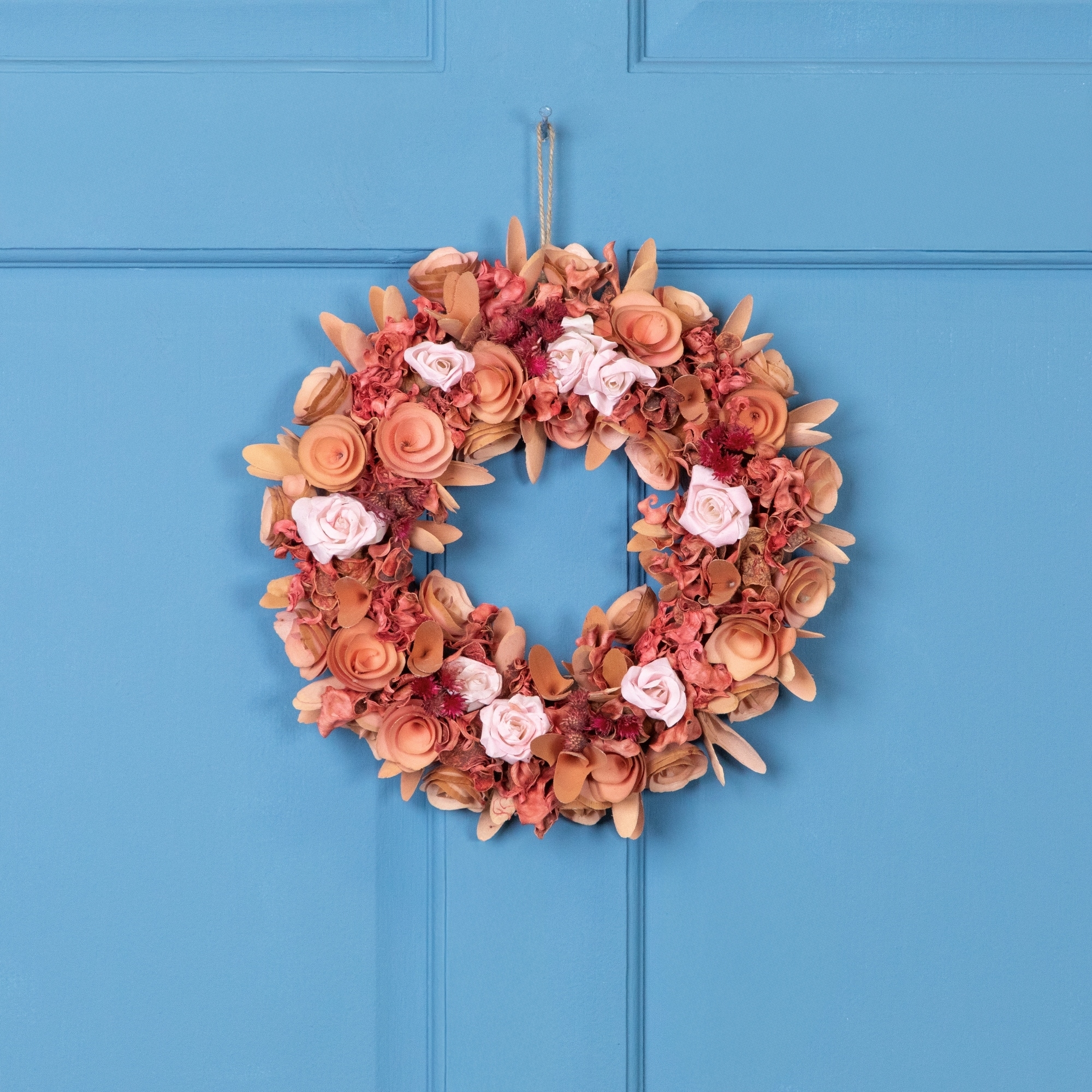 Roses and Wooden Flowers Artificial Spring Wreath - 12" - Unlit - Pink