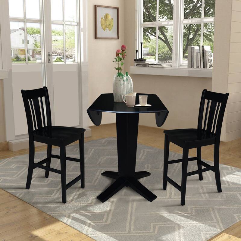 42 in Solid Wood Round Drop Leaf Counter Height Dining Table with Stools in Black