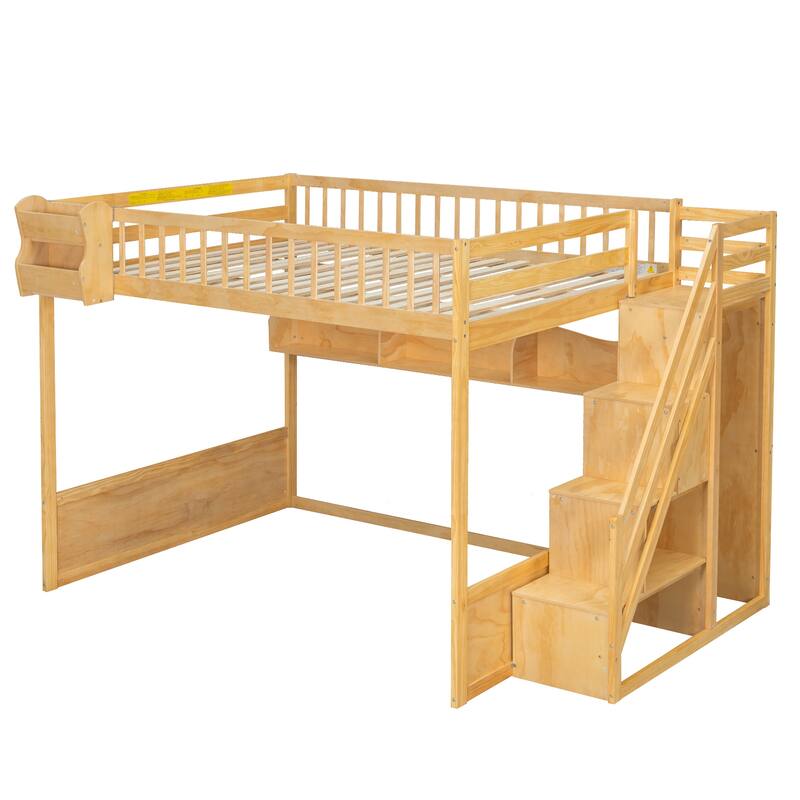 Queen Wooden Loft Bed with Storage Staircase Wardrobe, 2 Side Shelves, 3 Storage Shelves and Versatile Under-Bed Space