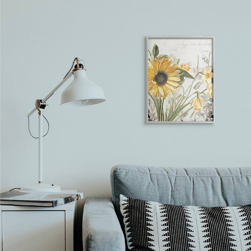 Stupell Soft Sunflower Floral over Vintage Plant Illustration Framed Giclee Texturized Art by Kim Allen