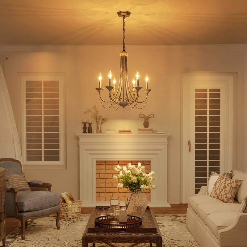 6-Light 20" Rustic French White Antiqued Wood Beaded Chandelier Light for Dining Room, Living Room