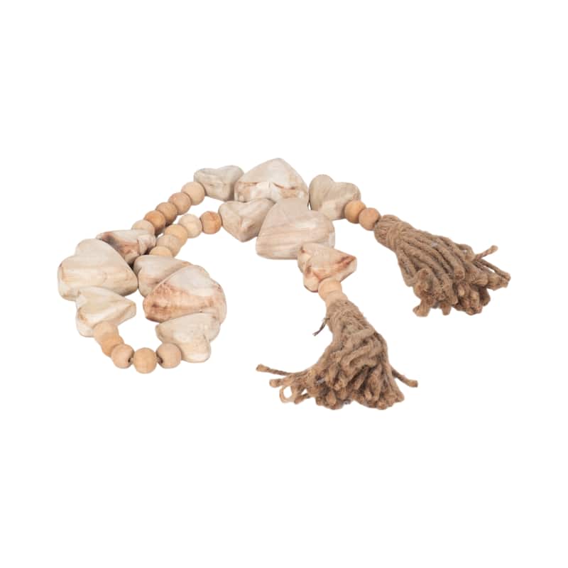 Sagebrook Home 38 Inch Wood Heart Beaded Garland in White, Charming Rustic Home Decor with Jute Tassels - 38" x 2" x 1" - Solid Heart White - 38" x 2" x 1"