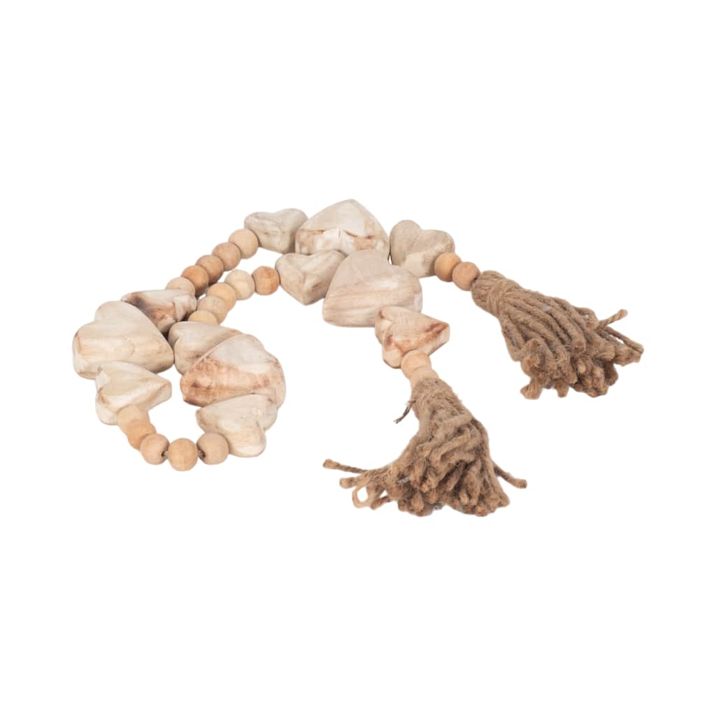 Sagebrook Home 38 Inch Wood Heart Beaded Garland in White, Charming Rustic Home Decor with Jute Tassels - 38" x 2" x 1"