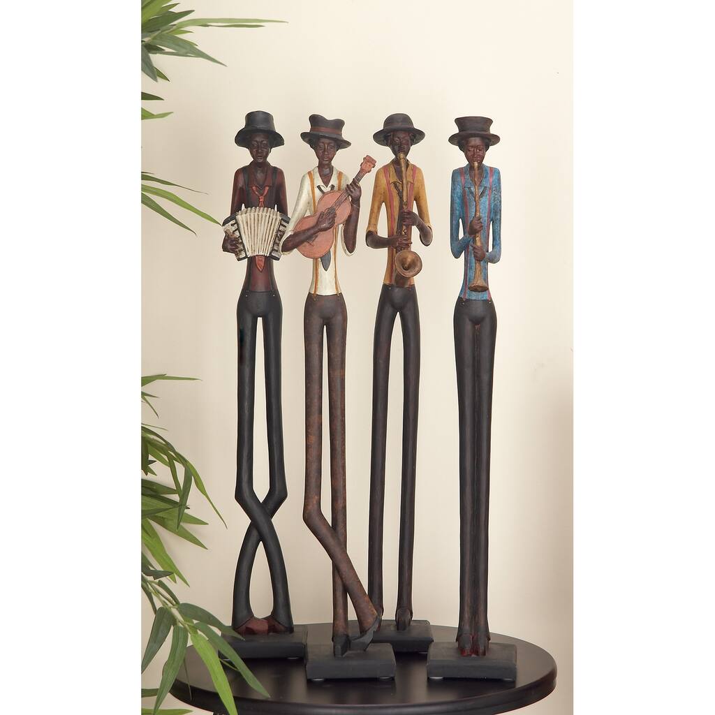 Brown Polystone Tall Long Legged Jazz Band Musician Sculpture with Black Base Stand (Set of 4)